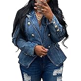 Angsuttc Blazers for Women Business Casual Denim Long Sleeves Lapel Double Breasted Jacket