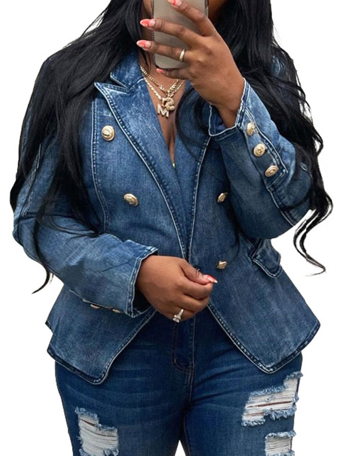 Photo 1 of Angsuttc Blazer for Women Casual Work Denim Lapel Collar Double Breasted Jean Jackets Dark Blue XXL
