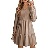 Dokotoo Fall Dresses for Women 2025 Long Sleeve V Neck Textured Casual Lightweight Tiered Ruffle A-Line Mini Babydoll Dress
