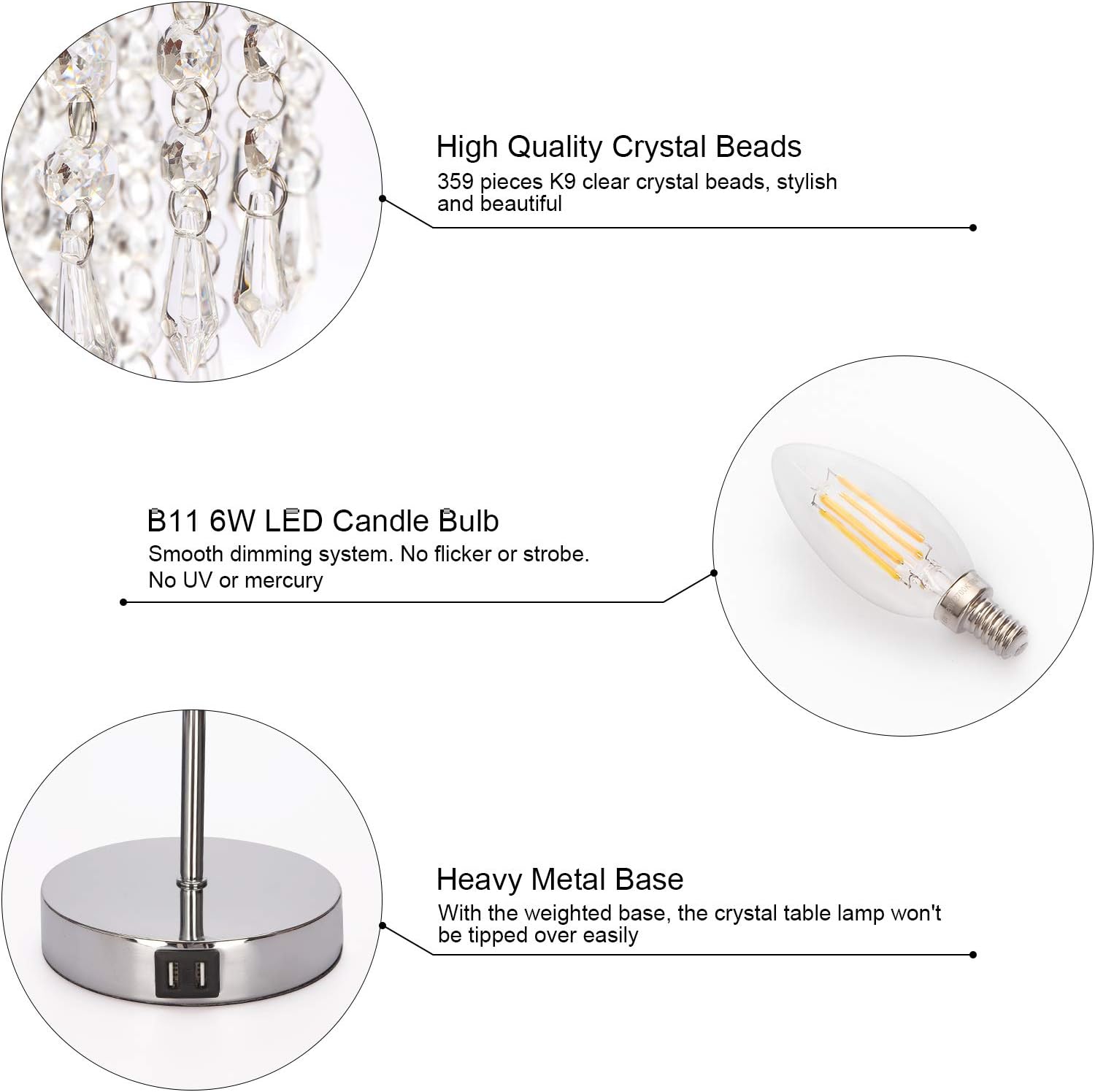 Touch Control Crystal Table Lamp with Dual USB Charging Ports, 3-Way Dimmable Bedside Touch Lamp Decorative Nightstand Lamp with Elegant Lamp Shade for Living Room Bedroom, B11 6W LED Bulb Included - - 