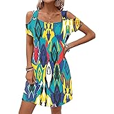 GUNEST Womens Summer Dress Cold Shoulder Scoop Neck Short Sleeve Spaghetti Strap with O Ring Fashion Sundress with Pockets