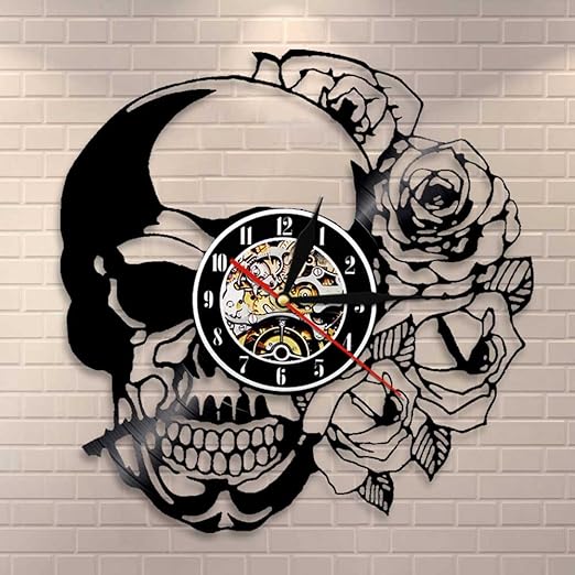 Tatuaje Calavera Con Rosa Arte De Pared Reloj De Pared Esqueleto Craneo Espina Rosas Disco De Vinilo Reloj De Pared Gotico Decoracion Del Hogar Reloj De Pared Reloj Amazon Es Hogar