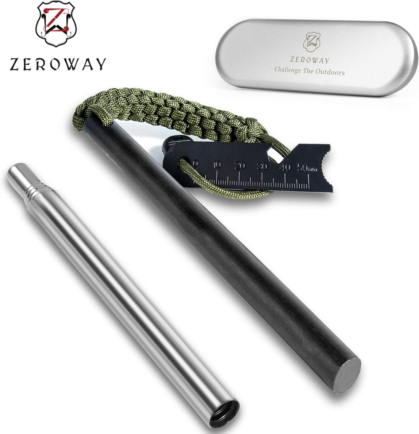 Zeroway 5 Inch Magnesium Fire Starter with Paracord Landyard Fire Steel Ferro Rod with Striker Scraper and Fire Blower Waterproof Fire Starter Sticks for Camping Hiking Emergency and Outdoor Survival