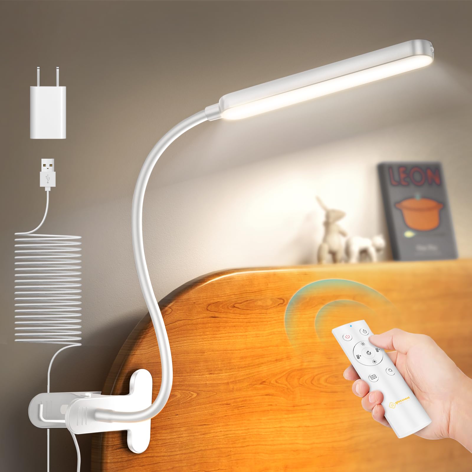 Photo 1 of Glocusent 38 LED Clip On Light: 5W Eye Caring Book Lights for Reading at Night - 5 Color & 5 Brightness with a Remote, 30-Min Auto Off Timer, Multi-Purpose Clip Lamp for Bed Reading/Studying/Working