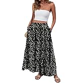 Women Boho Floral Maxi Skirts Casual Summer Flowy Elastic High Waisted A Line Beach Long Skirt with Side Pockets