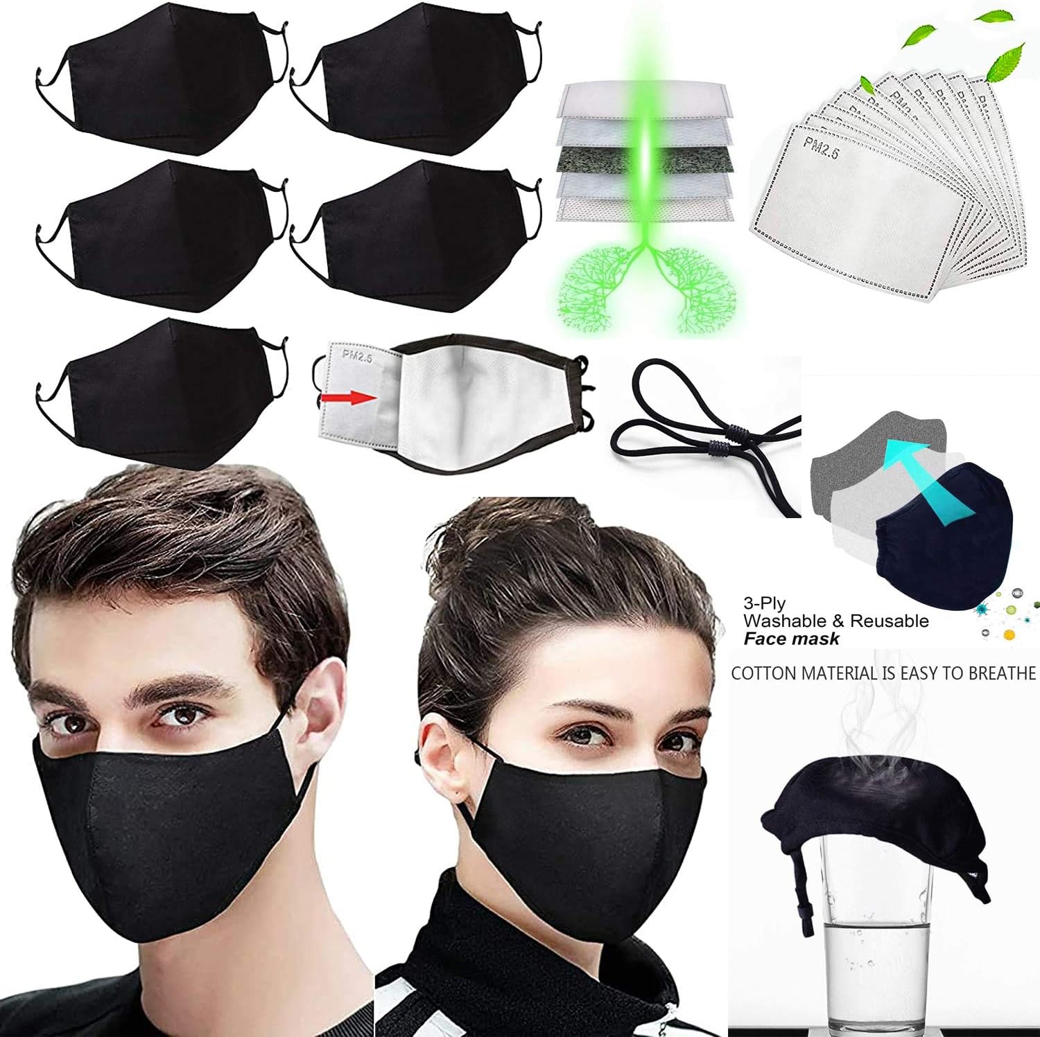 5 Pack Anti-fog Face Protective Shield with Nose Wire for Glasses Wearers,Breathable Cotton Face Guard with 10 Activated Carbon Filters for Adults,Haze Dust Face Covering for Outdoor Holiday Party