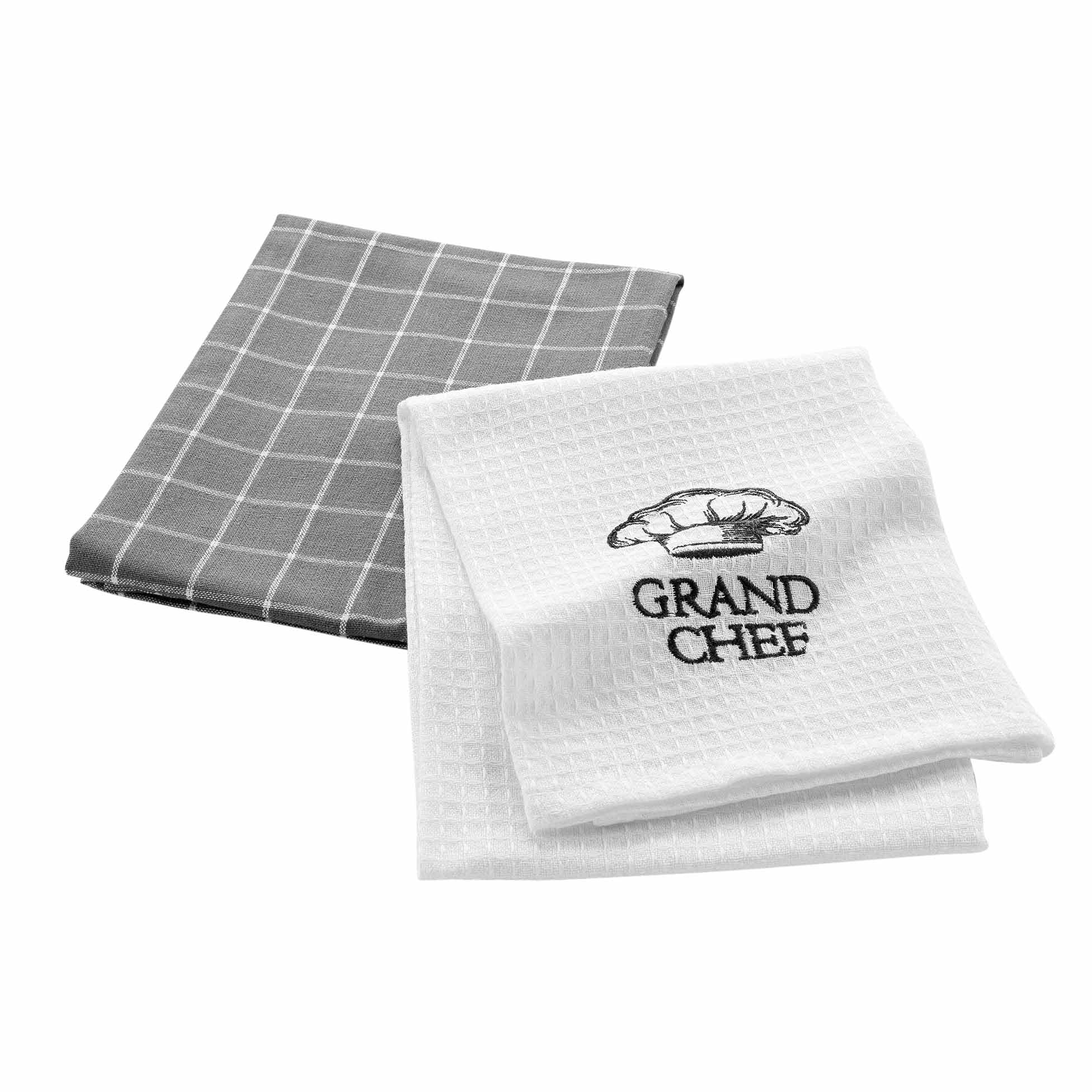 Douceur d'Intérieur, 2 Tea Towels (50 x 70 cm) Grand Chef, Cotton Woven/Honeycomb Embroidered