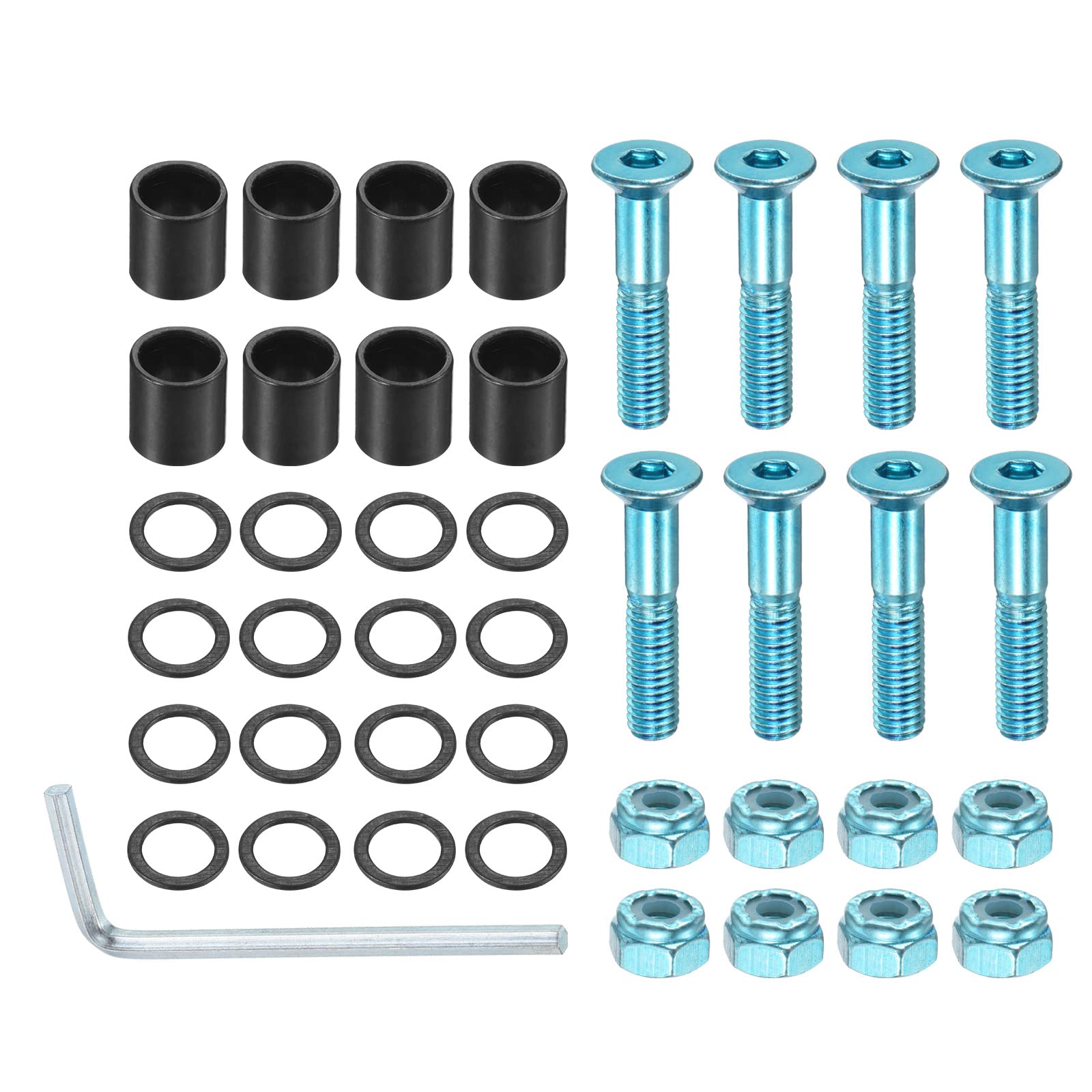 PATIKIL 1 Inch Skateboard Hardware Screws Bolts Kit, 8Pcs Skate Tools Mounting Hex Key Parts with Spacers Washers Nuts Wrench for Skateboard Longboard Wheel Accessories, Blue Black