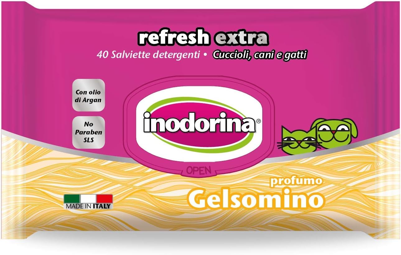 Inodorina Refresh Extra Jasmine Disinfectant Wipes for Dogs and Cats (40 Count) Hygiene Wet Wipes for Pets Heavy Duty Alcohol-Free Fabric