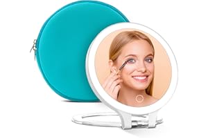 FAMIHOMII Rechargeable Lighted Magnifying Mirror 10X/1X, Double Sided Travel Makeup Mirror with 3 Color Lights and Magnification, Portable Foldable Cosmetic Mirror, Dimmable Adjustable Rotation (With Cyan Bag)