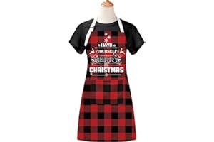Claswcalor Merry Christmas Cooking Apron, Red and Black Buffalo Plaid Apron with Pockets and Adjustable Neck Strap, Waterproof Kitchen Apron for Cooking Gardening, 27.6" × 31.5"