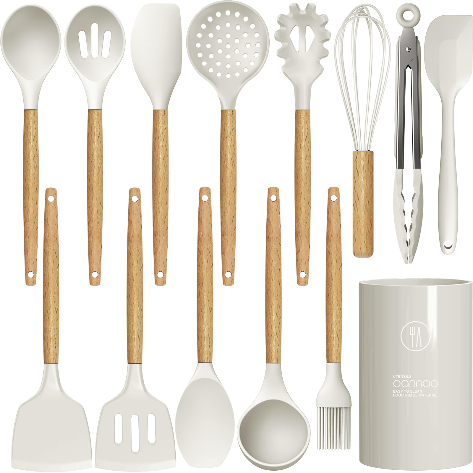 Photo 1 of *dark gray*________Silicone Cooking Utensils Set - 446°F Heat Resistant Silicone Kitchen Utensils for Cooking,Kitchen Utensil Spatula Set w Wooden Handles and Holder for Non-Stick Cookware (Cream White)