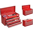 Goplus Tool Box, Portable 20” Tool Boxes with 3 Drawers, Top Tool Tray, Metal Lock Latch, Protective Liner, Auto Locking, Heavy Duty Steel Toolbox for Garage, Workshop, Mechanic