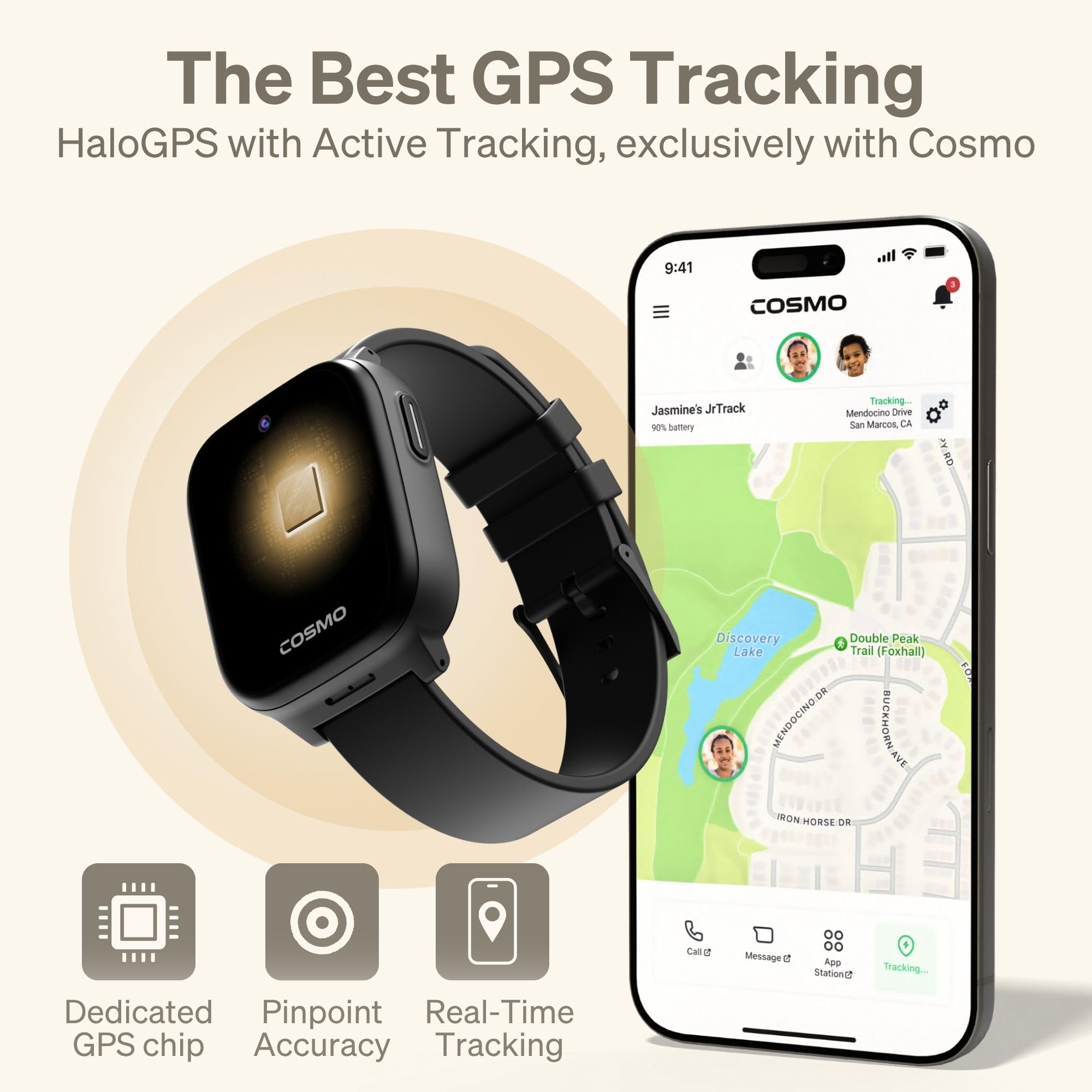 Reloj inteligente para niños JrTrack 5 de Cosmo | El mejor reloj telefónico seguro para niños | Seguimiento GPS de precisión en tiempo real | Llamadas, mensajes de texto, actividades, entornos escolares | Música de Spotify | Controles parentales | SOS y alertas de seguridad