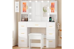BEWISHOME Vanity Desk with Mirror and Lights,White Makeup Vanity Table with Power Outlet and Stool,Large Makeup Desk with 7 Drawers,Dressing Table for Bedroom Dressing Room FST38W