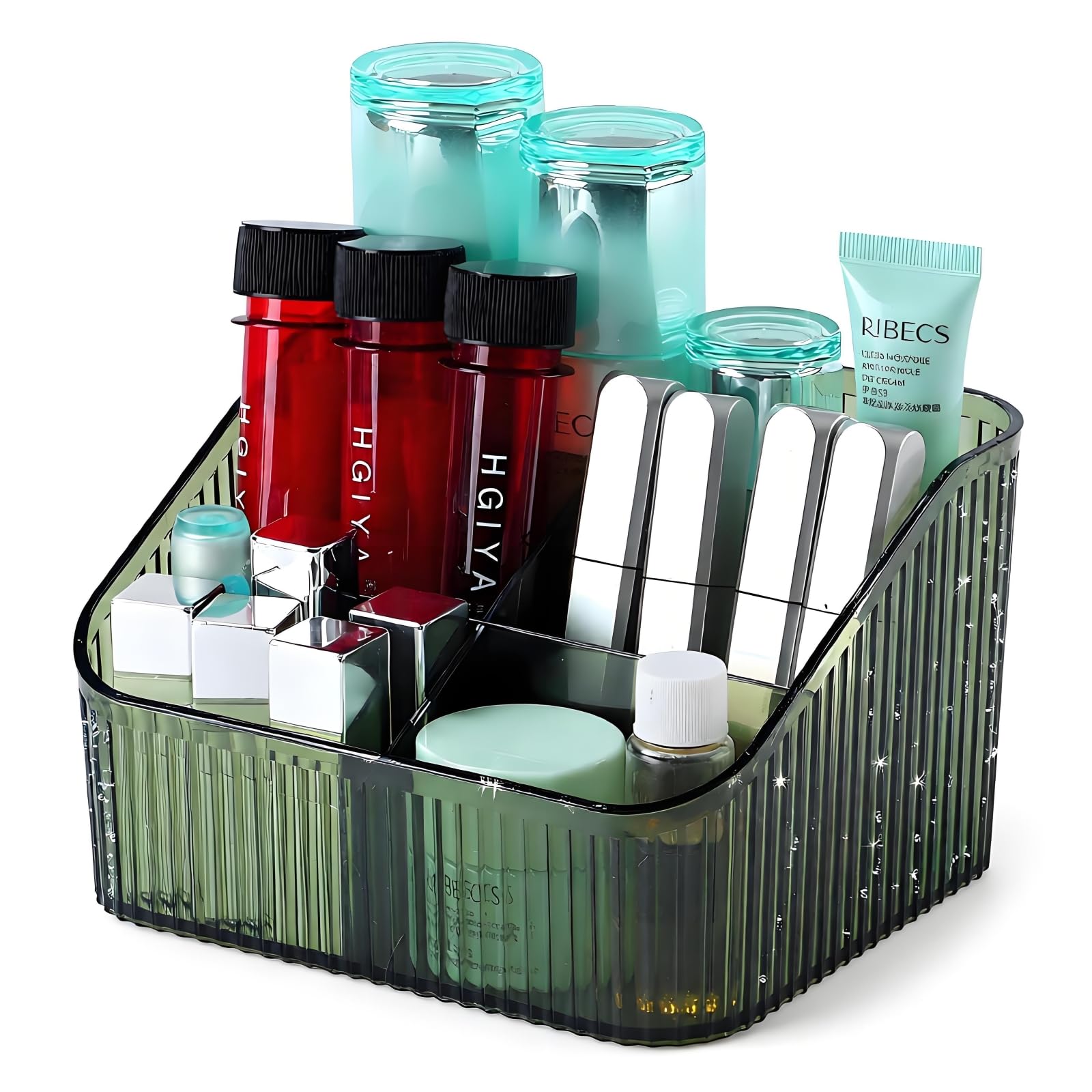 OSteed Green Makeup Organiser Box for Vanity, Makeup Brush Holder with 5 Cups, Skincare Beauty Cosmetic Storage Box, Dressing Table Storage, Toiletry Organiser — image 1