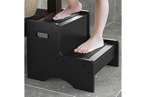 FYGUES Wooden Step Stool for Kids, 2 Step Safety Kids Stepping Stool for Bathroom Kitchen Bedroom with 500 lbs Capacity, Toddler Step Stool Children's Foot Step Potty Stool, Black