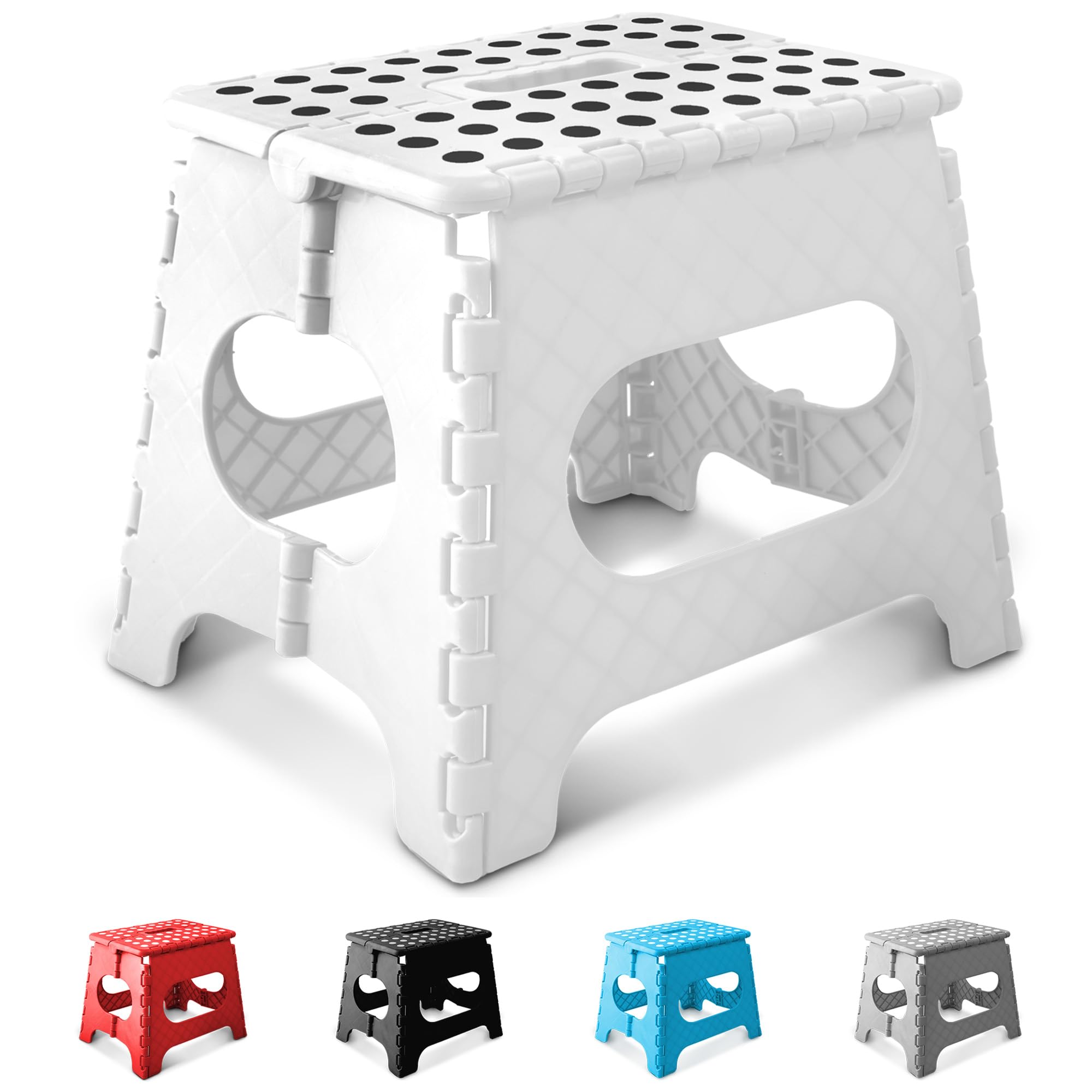 KEPLIN 11 Inch Heavy Duty Folding Step Stool | Non-Slip Foldable Footstool for Toddlers, Children & Adults | Portable, Lightweight Plastic Footstep w/Carrying Handle for Indoor or Outdoor (White)