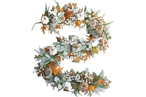 CIR OASES Thanksgiving Fall Wreath, Eucalyptus Berries Pumpkins Lamb Ears Leaves Autumn Wreaths for Front Door, Fall Decor, Porch Wall, Home Outdoor Holiday Decorations (Pumpkin Garland)