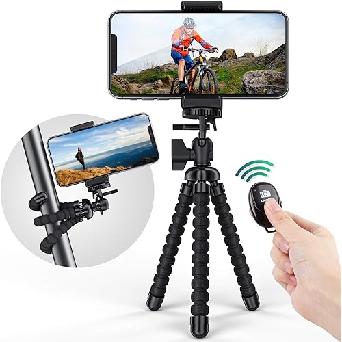 ORIbox Premium Phone Tripod, Flexible Tripod with Bluetooth Remote Control & Phone Holder, Compatible with iPhone and Android Phone, and More,Black