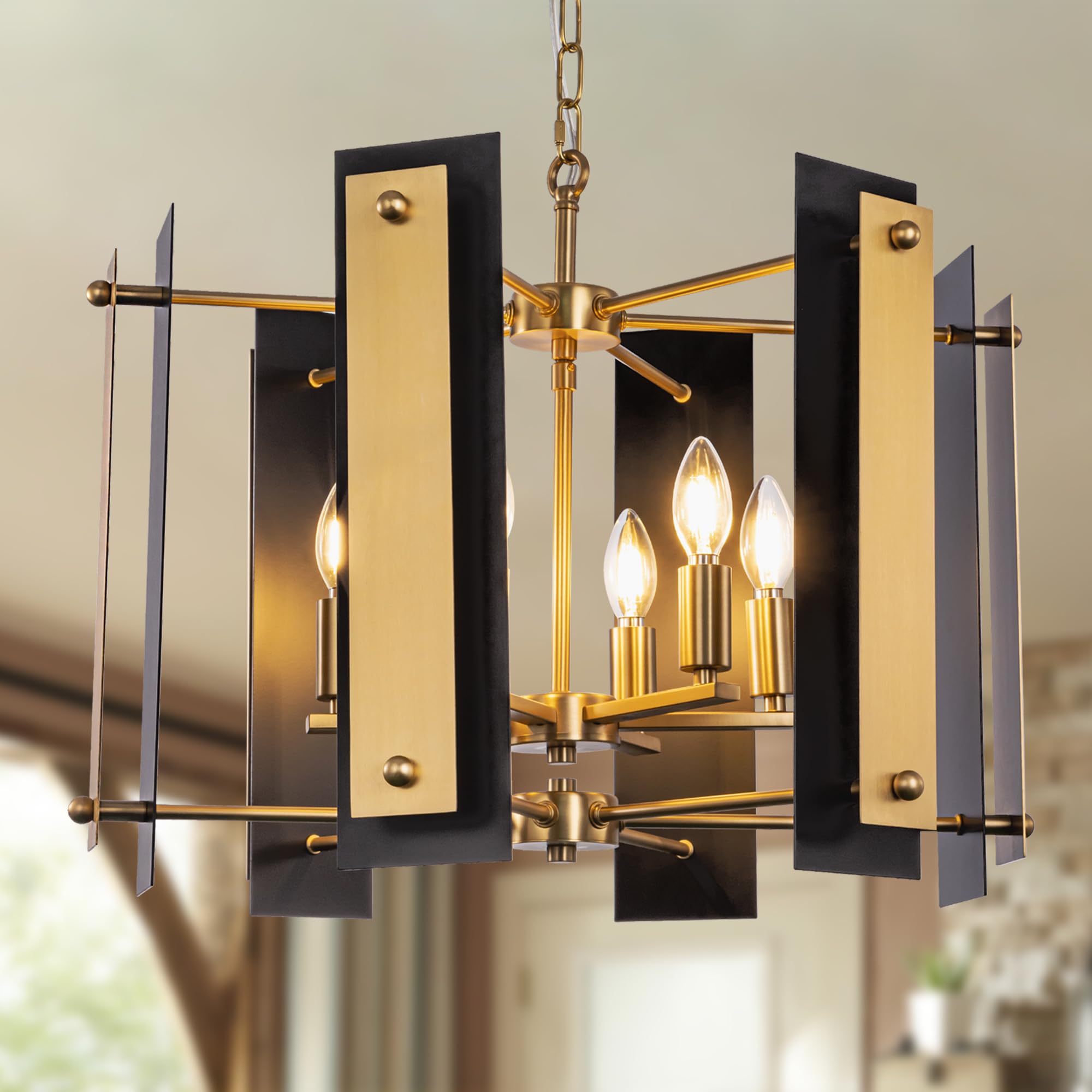Photo 1 of TOCHIC Black and Gold Chandelier, 6 Lights Farmhouse Geometric Pendant Chandelier Industrial Metal Light Fixture for Dining Room Hallway Entryway Kitchen Island Bedroom Foyer Bar, 23.6"