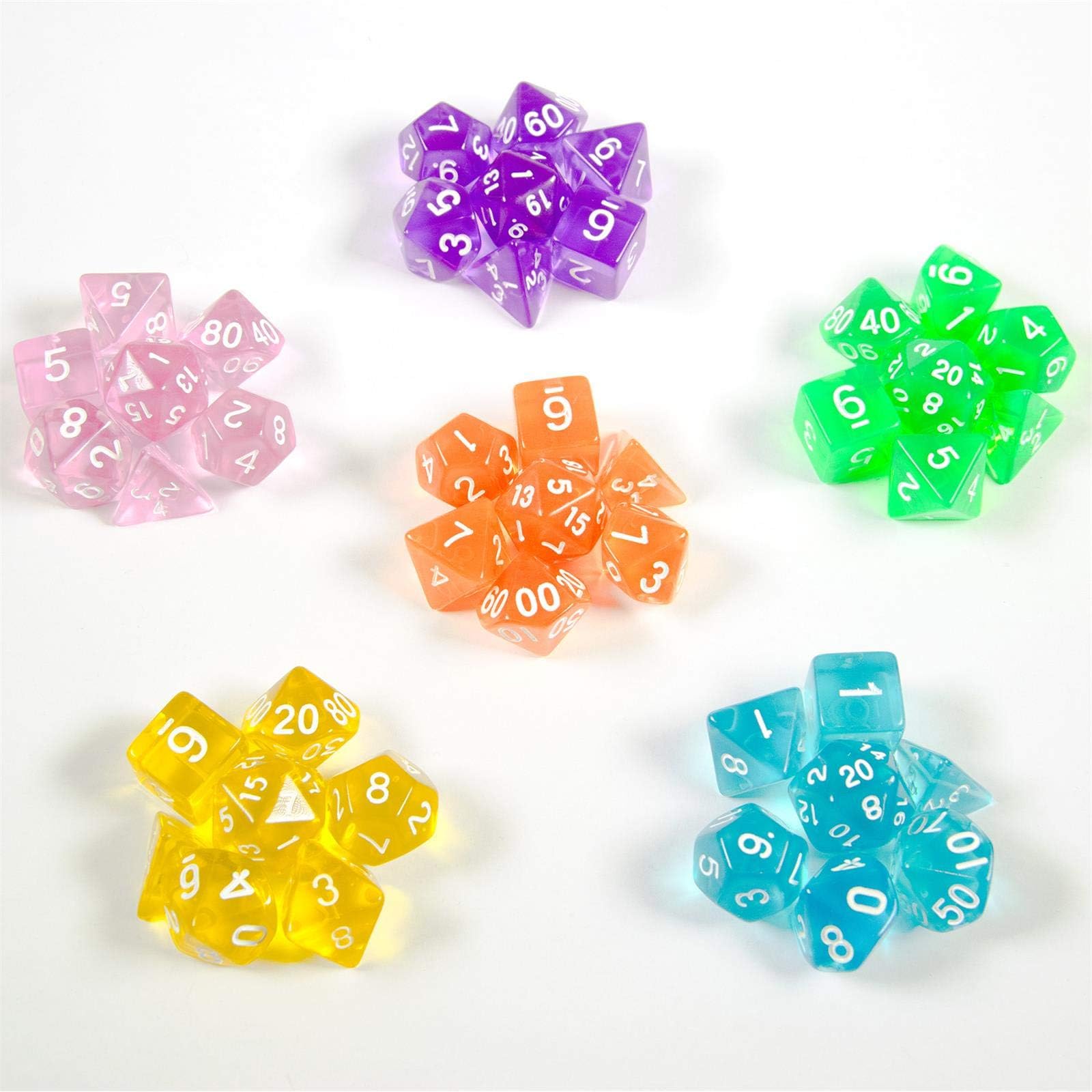shibby 42 Polyhedral Dice 6 Transparent Colours & Bags - Dungeons & Dragons D&D, Pink/Purple/Green/Orange/Yellow/Blue, 60015387