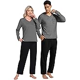 MoFiz Pjs Pajamas for Men & Women Long Sleeve 2 Piece Sleep Lounge V Neck Lightweight Soft Loungewear Sets With Pockets