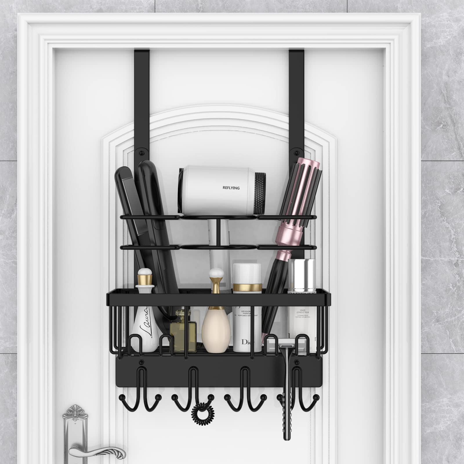 Photo 1 of REFLYING Over-the-Door Hairdryer and Styling Tool Organizer, Metal, Black, 3 Compartments, 8 Hooks, 15"H x 10"W x 4.7"D