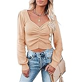 PRETTYGARDEN Fall Long Sleeve Cropped Sweaters for Women 2024 Off The Shoulder V Neck Ruched Ribbed Knit Going Out Tops