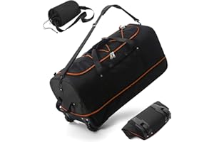 CONTAIL 32”110L Expandable 140L Foldable Rolling Duffle Bag with 2 Inline Wheels,Convertible Waterproof Weekend Travel Bag with Bungee-Cord System,Black-orange