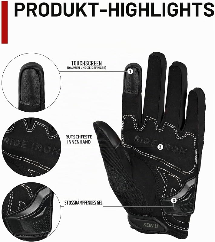 Motorradhandschuhe Herren Sommer Hartschale Kohlefaser atmungsaktiv Touchscreen weich für Motorradfahren Bergsteigen Wandern Schwarz-L