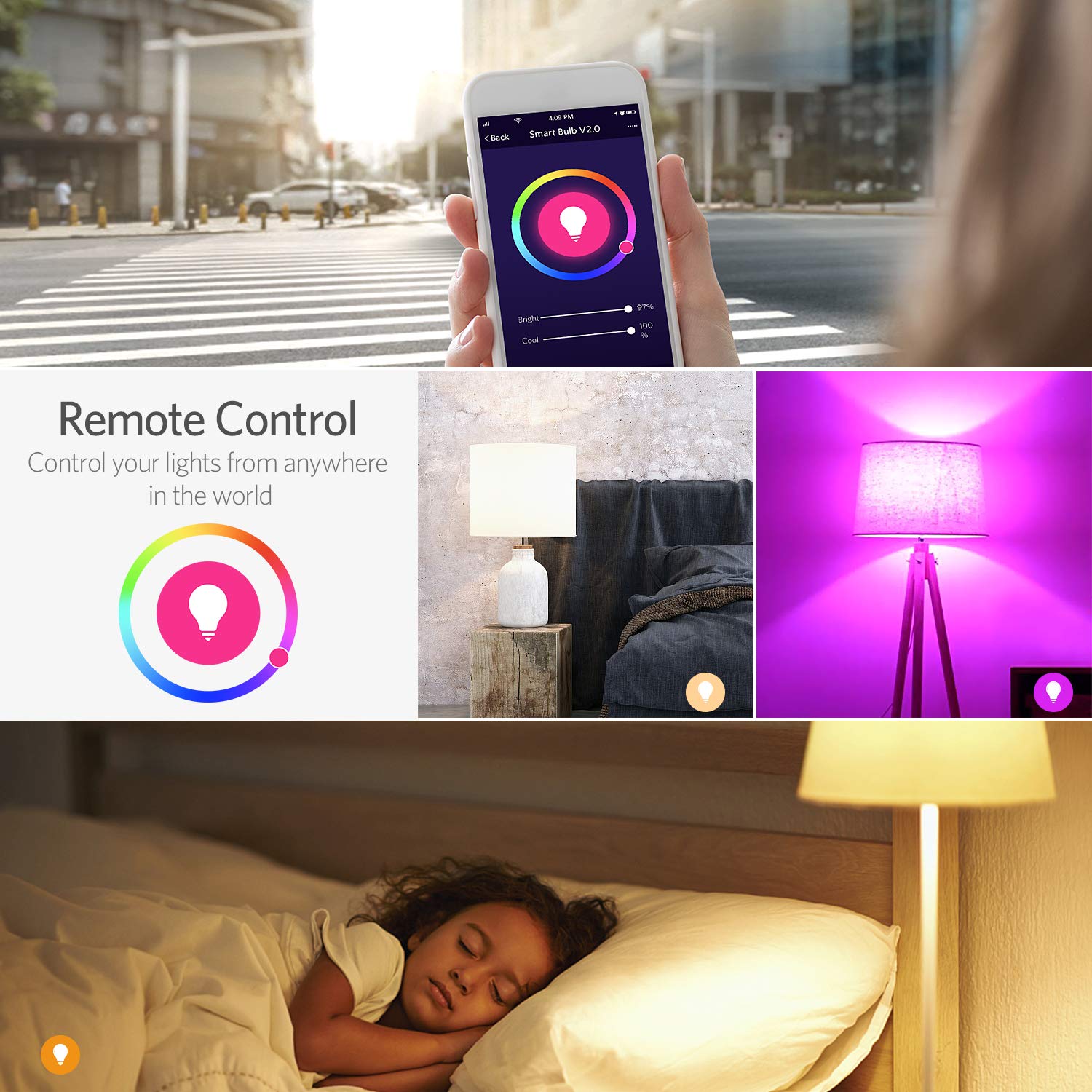 Smart Lampe, Wlan Lampe 2700K-6500K RGBW effiziente Wärmeableitung LED Lampe dimmbar Farbe steuerbar via APP unbeschränkte Modi, kompatibel mit Google Home & Amazon Alexa, energiesparend 7W, E27, 2 Packs [Energieklasse A+]