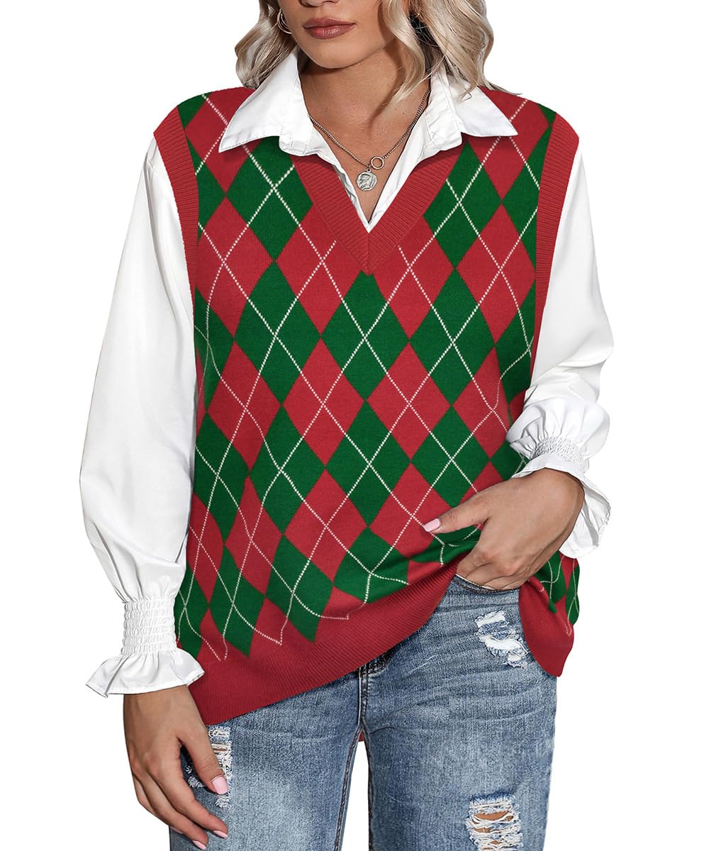 Photo 1 of CARCOS Plus Size Sweater Vest for Women Christmas V Neck Sleeveless Red Green Pullover Sweaters Trendy Preppy Style Plaid Tank Tops School Uniform Lightweight Xmas Vest 3XL 22W 24W
