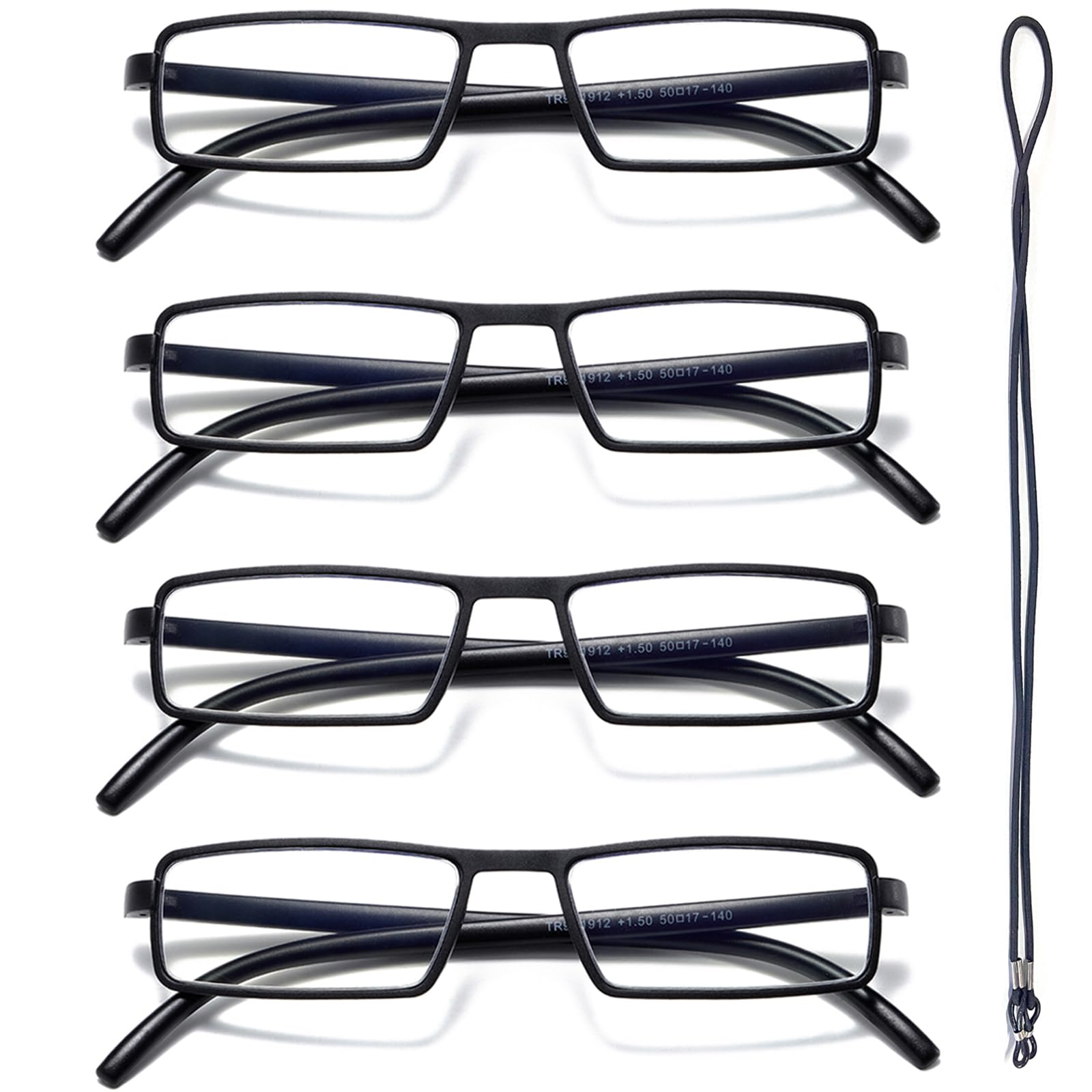 Hubeye 4 Pack Reading Glasses TR90 Flexible Temples Rectangle Ultralight Anti-Blue Light Readers for Unisex 1.50