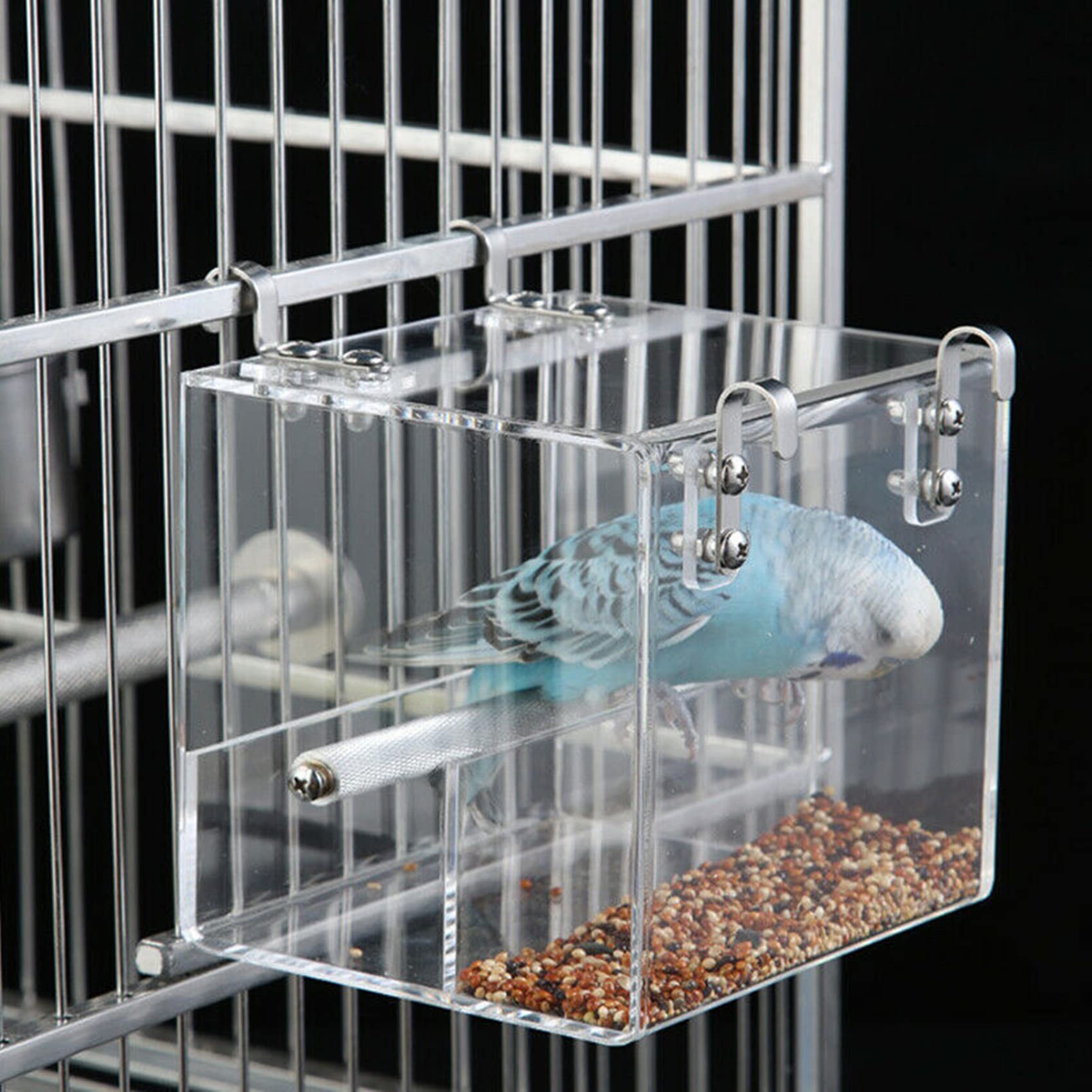 Photo 1 of Automatic Bird Feeder No Mess Bird Cage Pet Feeder Seed Food Container for Parakeet Canary Cockatiel Parrot Finch Canary Acrylic (5.1 x 5.1 x 4.3 inch)