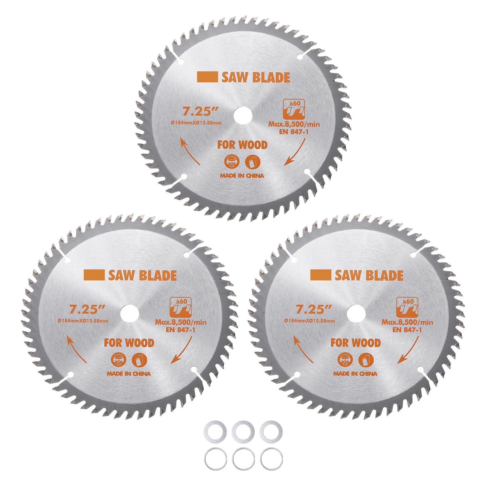 Kozelo 3pcs Circular Saw Blade - [7-1/4-inch x 60 Teeth x 5/8-inch Arbor] Circular Cutting Blade with 5/8" to 3/8" Washer Adapter for Woodworking Plastic Use, 0.098-inch Kerf