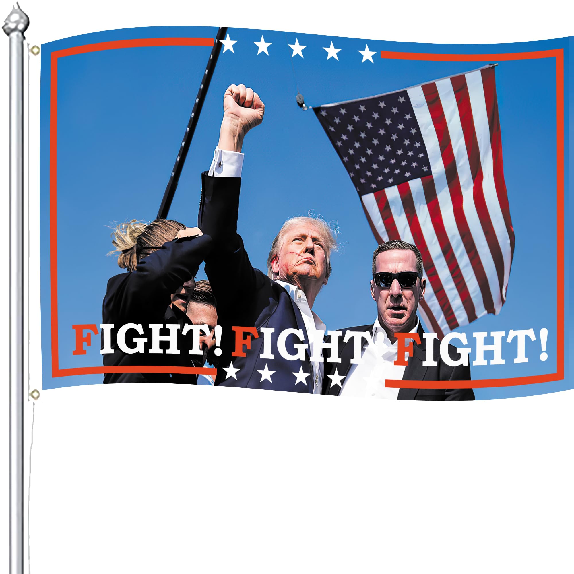 Photo 1 of Trump Fight Fight Fight Flags?Single Face Trump 2024 Flag Outdoor flag,Donald Trump Flag with Brass Grommets, Clear Pattern Reinforcement Fade Resistant for Indoor Outdoor Decorations?Blue Trump Shoots Flags?