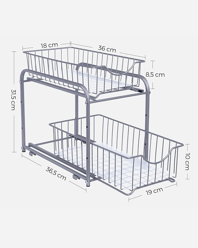Rangement Sous Évier à 2 Niveaux en Acier, Tiroir Coulissant, Égouttoir à Vaisselle，Lot de 1, 36,9 x 21,6 x 27,2 cm, Gris, Collection Patalla KCS017E01