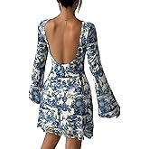Milumia Women's Floral Long Bell Sleeve Backless Mini Dress Party Date Night Going Out Dresses