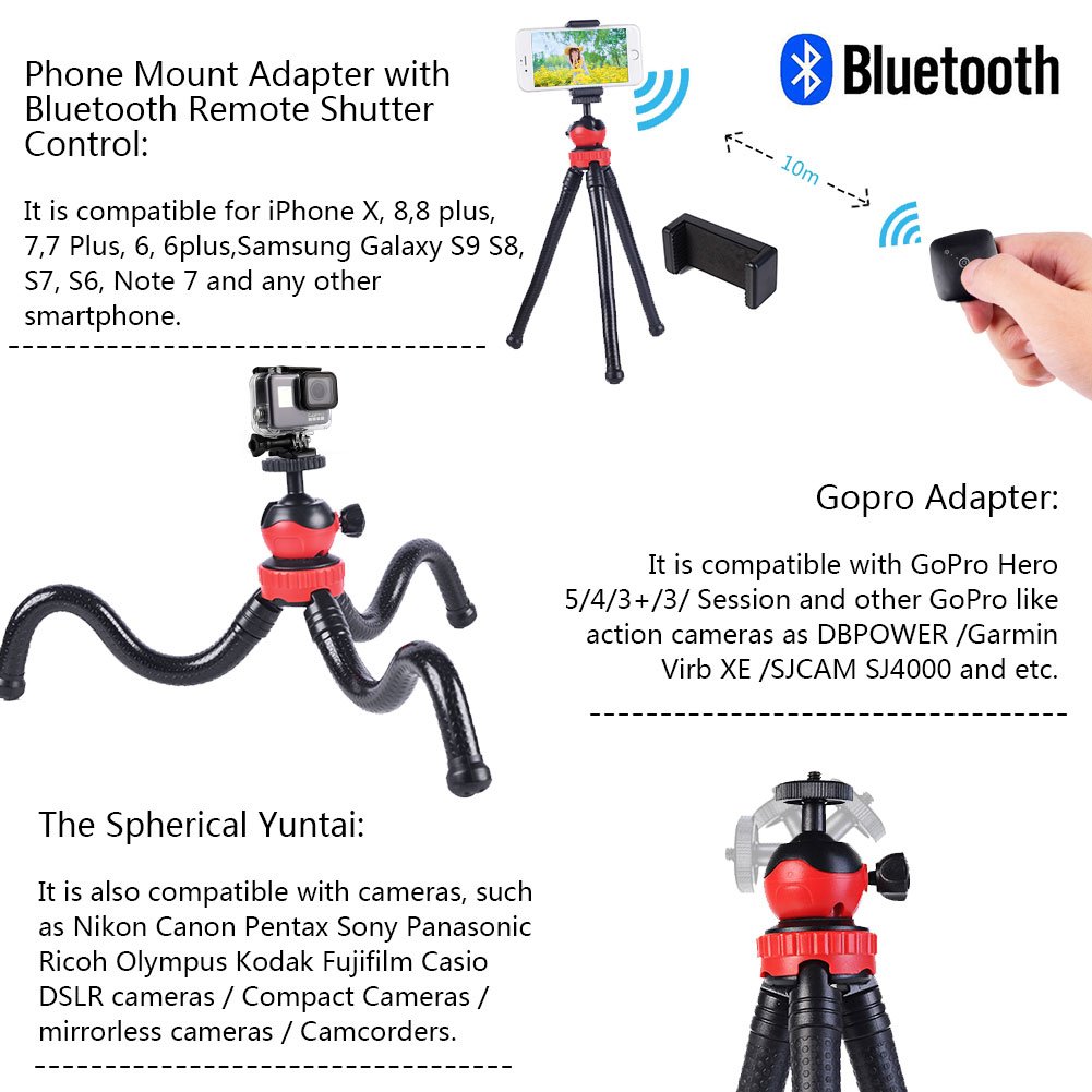 SHiZAK Flexible Ball Head Tripod with Bluetooth Remote Shutter Control, Phone Mount Adapter, Gopro Adapter for Gopro, Camera, Phone, etc.