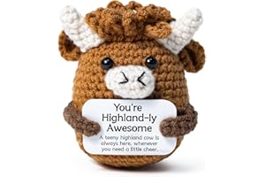Jubilora Mini Funny Awesome Highland Cow, Positive Crochet of Desk Decor - Emotional Support Crochet Animals for Women, Coworker, Highland Cow Stuffed Animal Cheer Up Gifts for Christmas