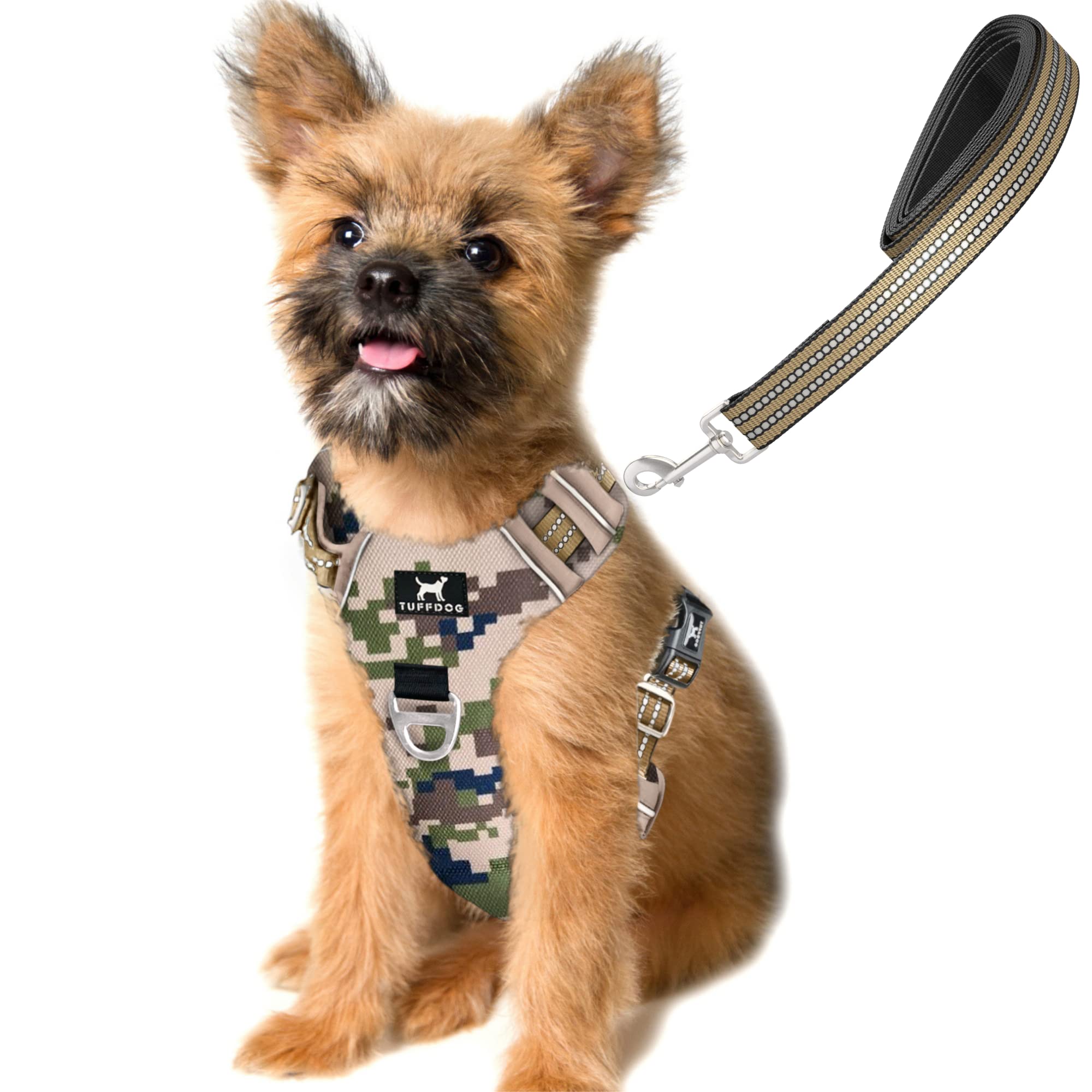 TUFFDOG Easy-Fit Dog Harness Small - Fast Release Neck Clip, Premium Padded Reflective No Pull Harness with Control Handle, Adjustable Step-in Dog Vest Plus Free Matching Lead (S, Desert Camo)
