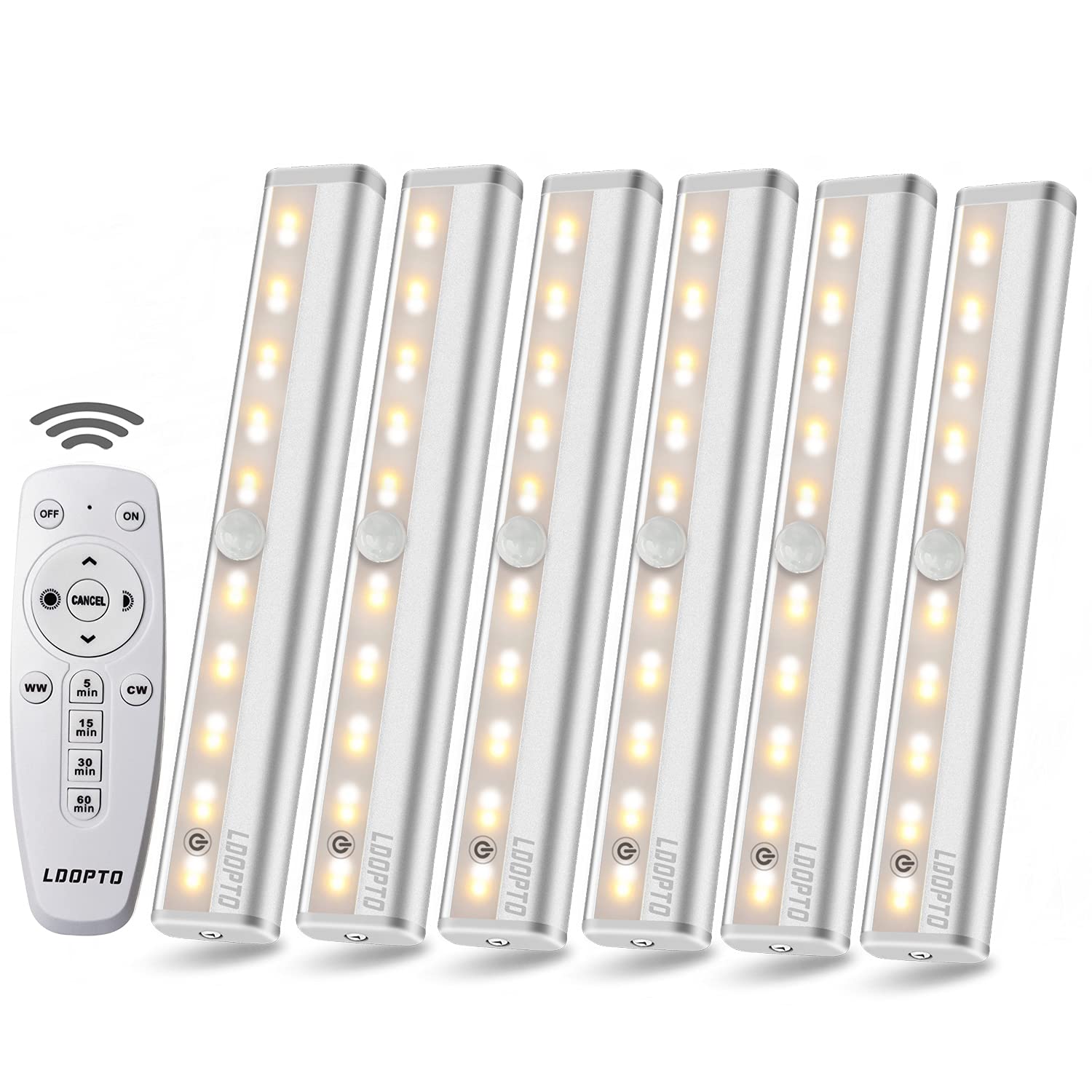 Photo 1 of LDOPTO Battery Operated Lights with Remote Wireless Dimmable Under Cabinet Counter Lights for Kitchen LED Closet Lights with Timer for Kitchen Shelf Hallway Stairs,Multiple Colors 6 Pack