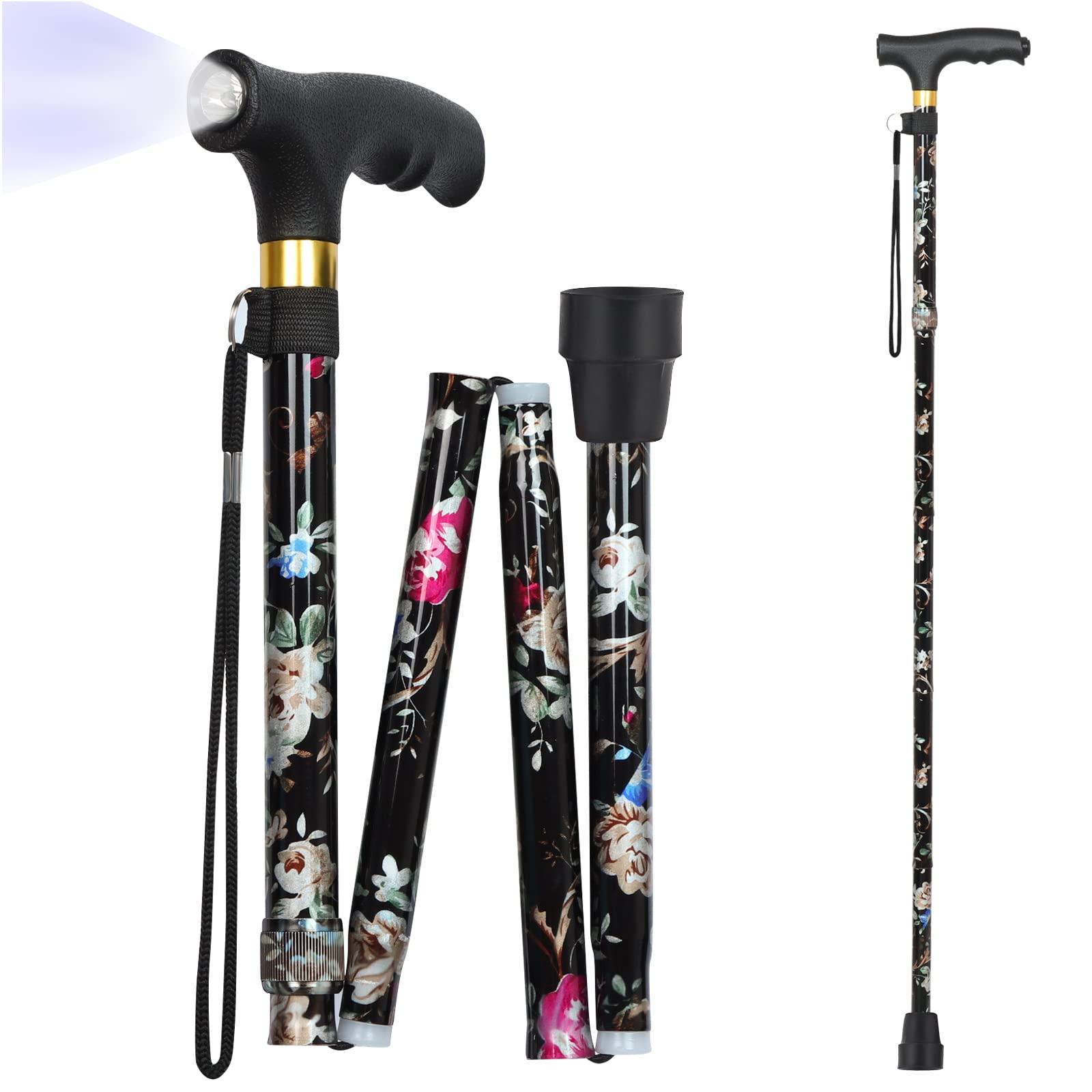 Walking Cane with LED Light, Folding Cane for Women and Men, Portable Foldable Cane, Collapsible Aluminium Walking Stick, Lightweight and Adjustable Walking Sticks for Seniors Balance