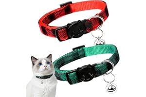 ZOWPET 2 Pack Christmas Cat Collar with Bell, Adjustable Comfortable Kitten Christmas Collar Breakaway, Safety Holiday Red Green Cat Collars for Boys Girls,Kitten,Puppy (Plaid)