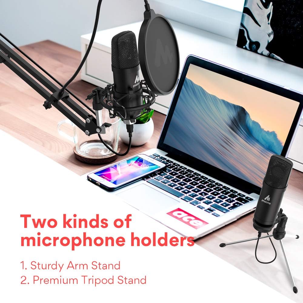 USB Microphone 25mm Large Diaphragm MAONO AU-A425 Plus 192KHZ/24Bit Cardioid Condenser PC Microphone with Two Metal Stand for Podcasting, Gaming, Studio/Home Recording, Streaming, YouTube, Computer