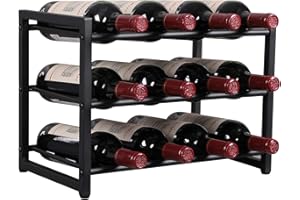 OROPY Wine Rack Countertop, 12 Bottle Wine Racks for Wine Bottles Storage Display, 3 Tier Metal Wine Holder Free Standing Floor Black