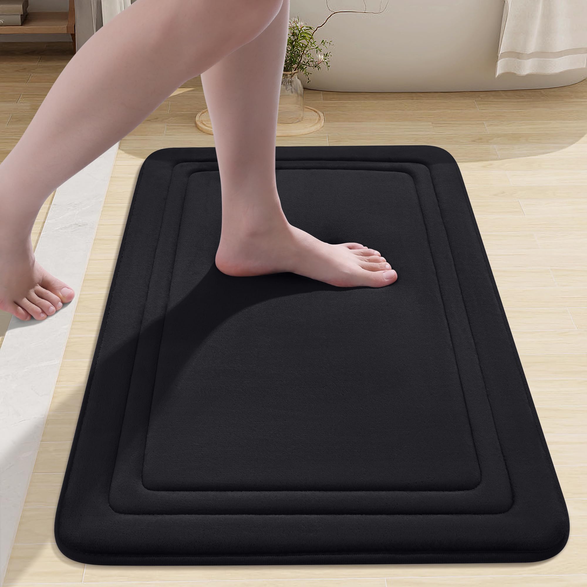 smiry Memory Foam Bath Mat - 50 x 75cm, Non-Slip, Super Absorbent, Comfortable - Machine-Washable Floor Rug, Black