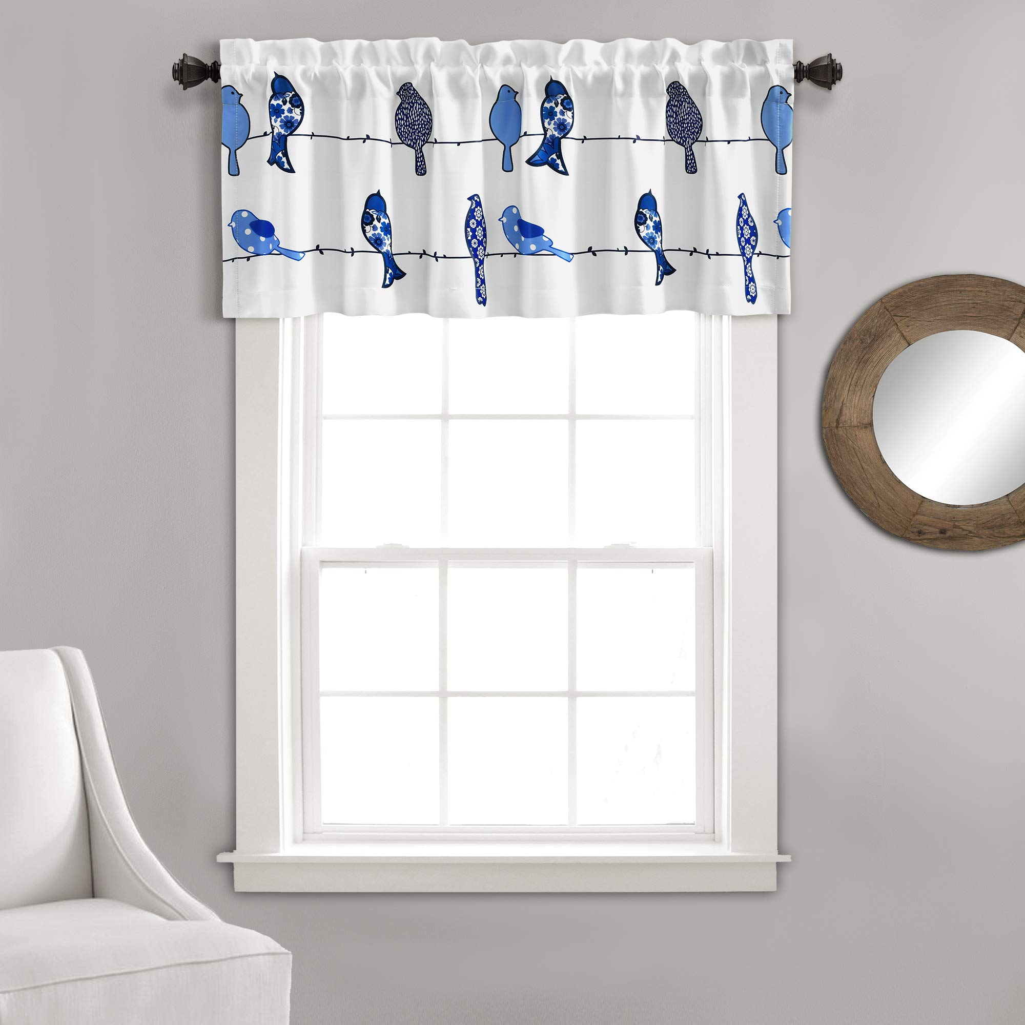 Lush Decor Rowley Birds Light Filtering Valance, Single Panel, 52" W x 18" L, Navy - Colorful Floral Bird Pattern - Whimsical & Playful Bird Curtain - Farmhouse, Coastal, & Boho Window Decor — image 1
