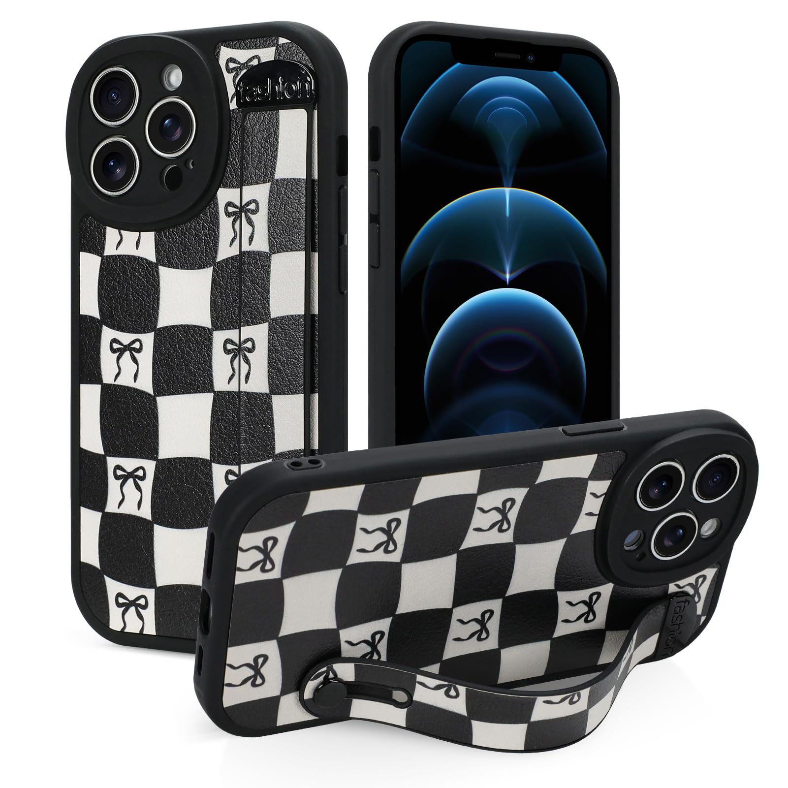 Jefonha Compatible with iPhone 12 Pro Max Case with Strap, Classic Checkered Checkerboard Bow Phone Case with Finger Strap Kickstand, Shockproof Protective Cover, Black Checkered Bow